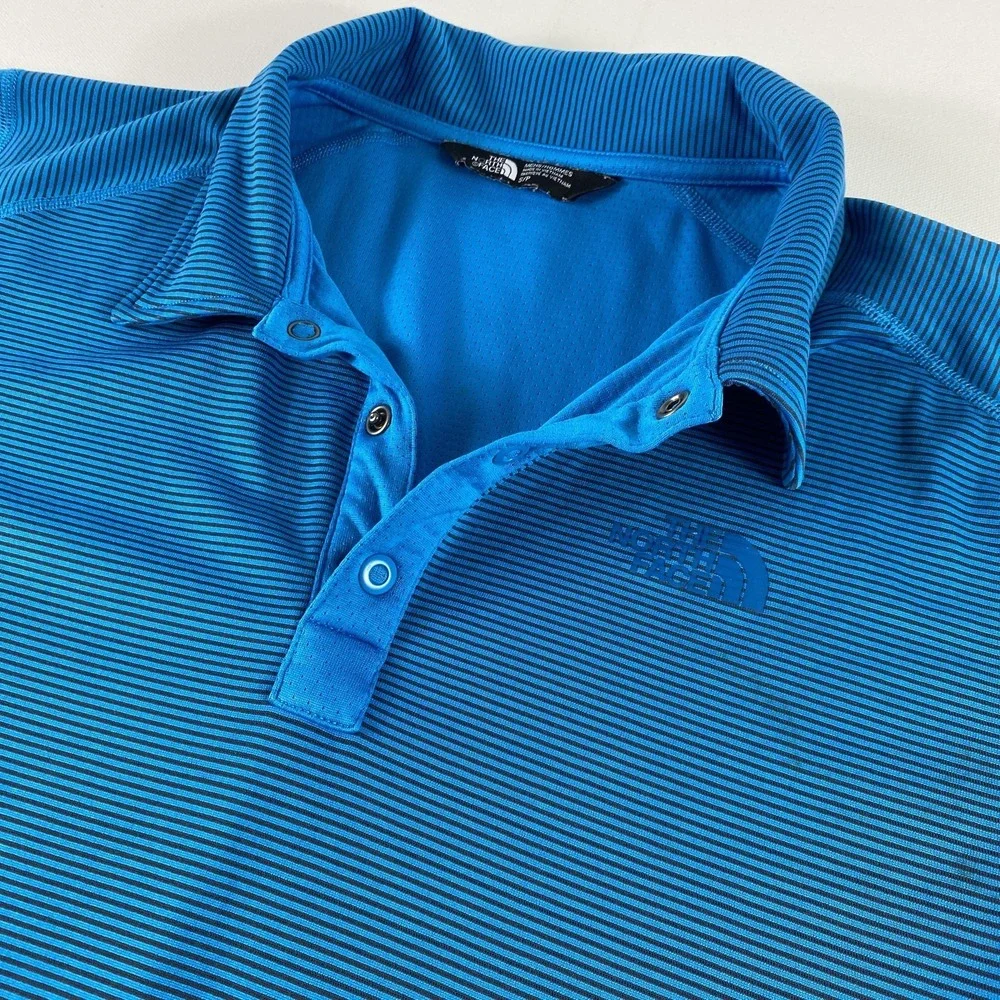North Face FlashDry Polo Shirt Mens Small Blue Striped Performance Golf Outdoors